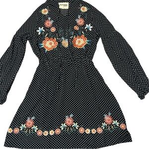 Savanna Jane Dress Small Rockabilly Polka Dot Floral Embroidered Detail Boho